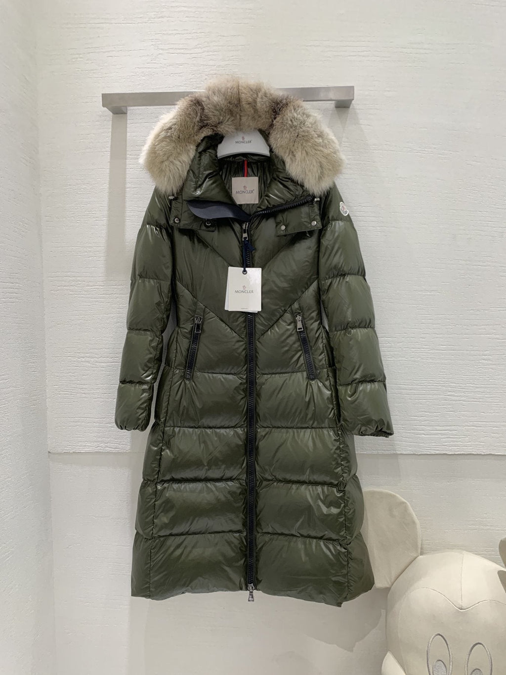 Moncler Women’s Long Down Jacket with Fur-Trim Hood — hang_tag
