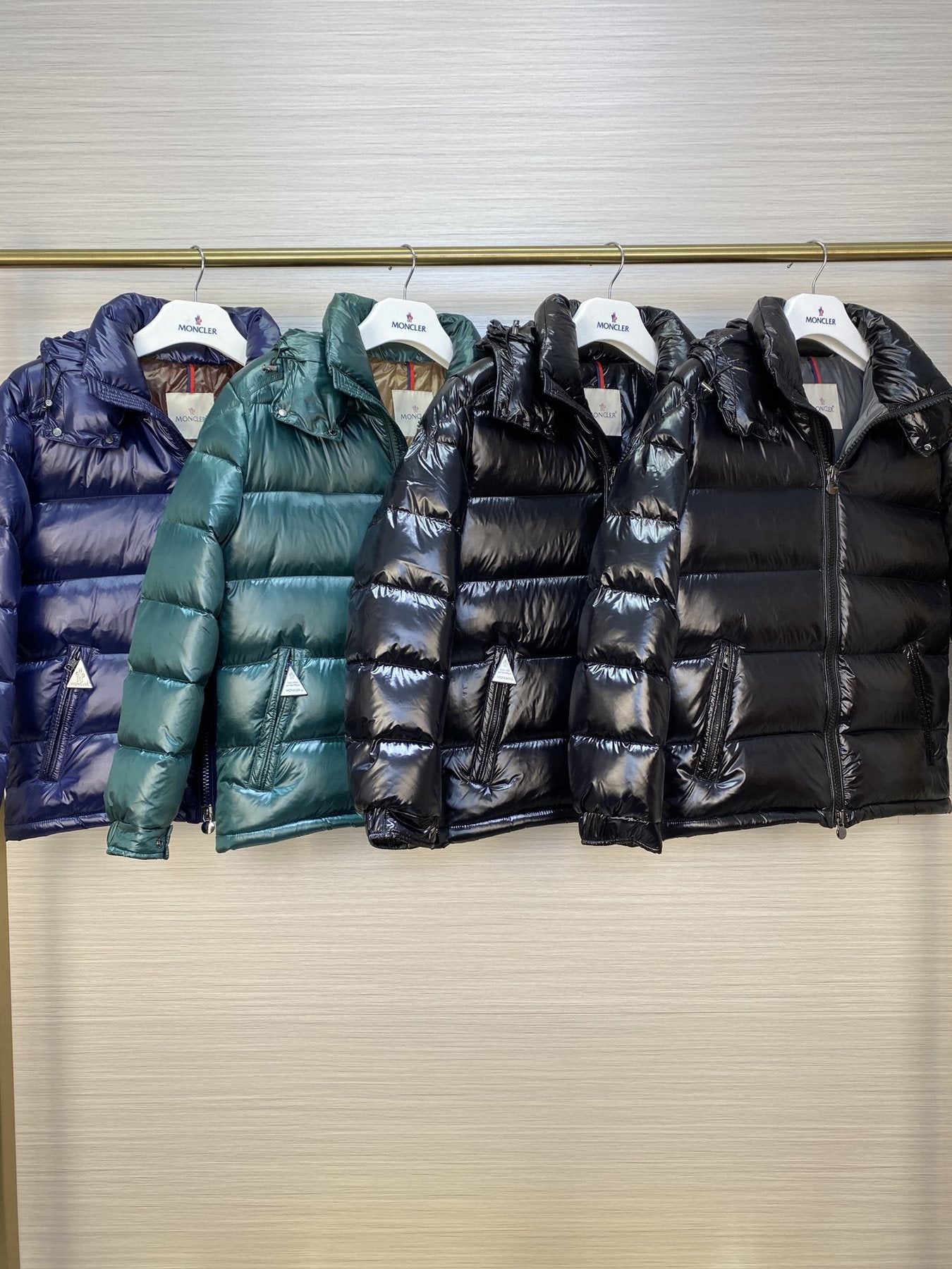 Moncler Glossy Hooded Short Down Coat — comparison