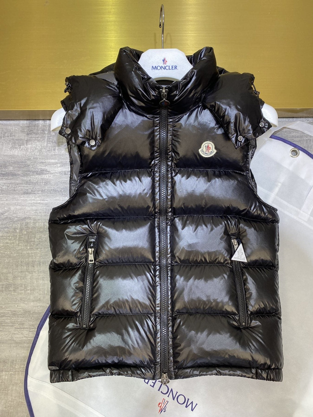 Moncler Hooded Glossy Puffer Down Vest — detail