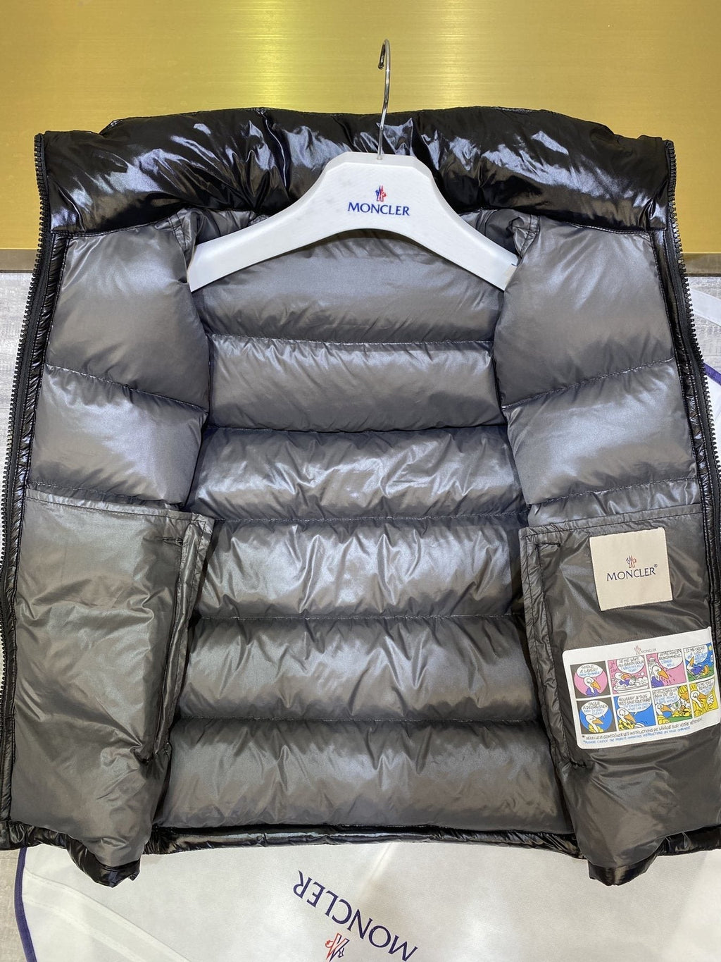 Moncler Hooded Glossy Puffer Down Vest — hang_tag