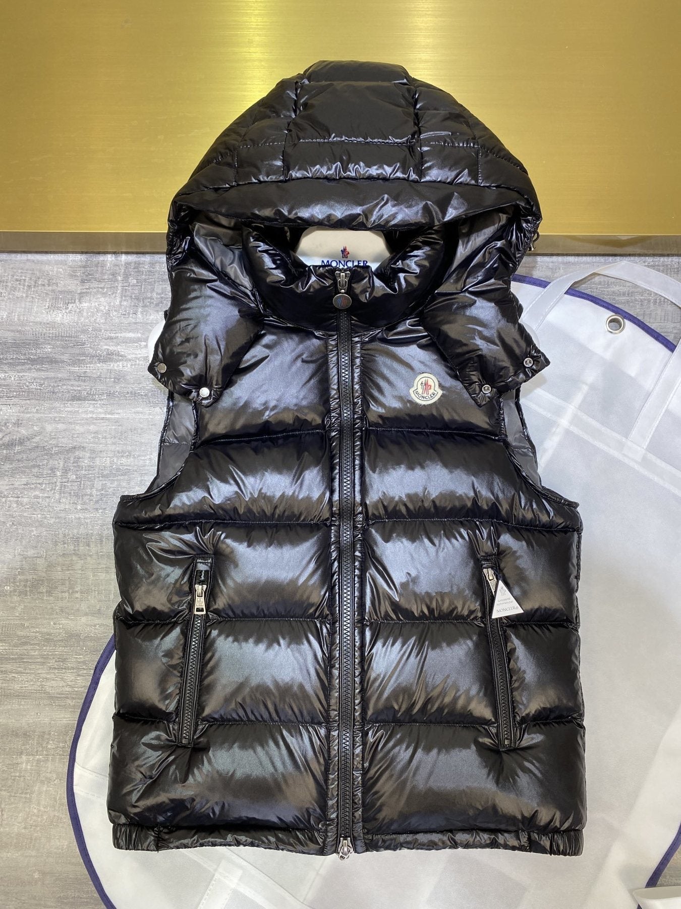 Moncler Hooded Glossy Puffer Down Vest — detail
