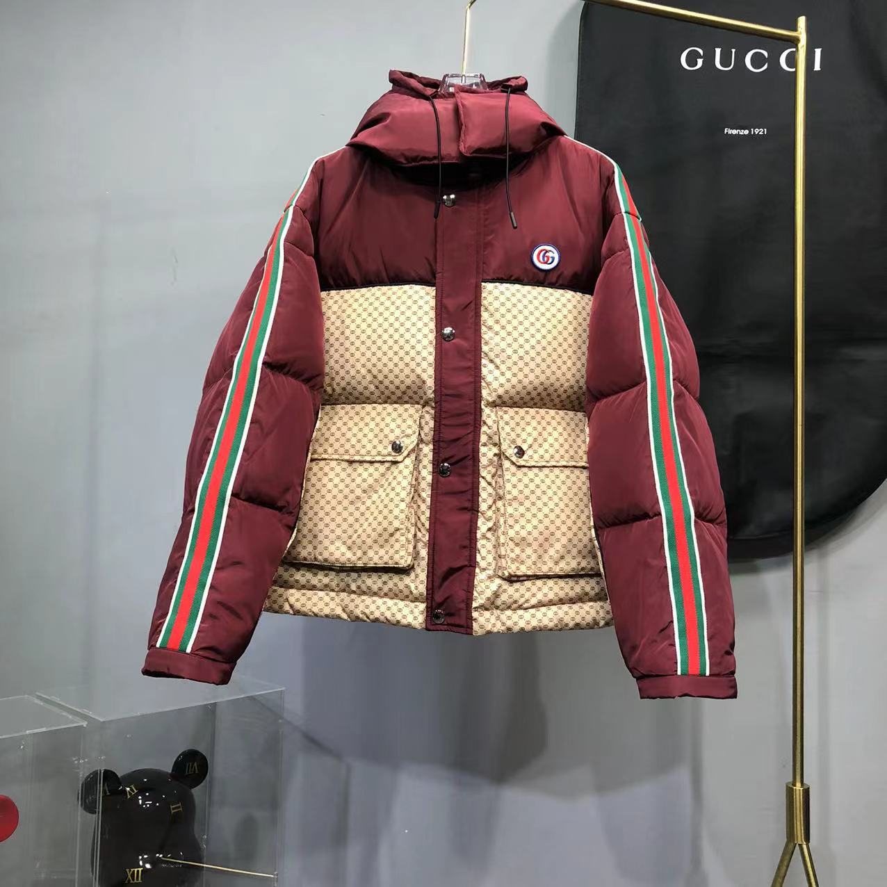 GUCCI Burgundy Monogram Color-Block Hooded Short Down Jacket — hero