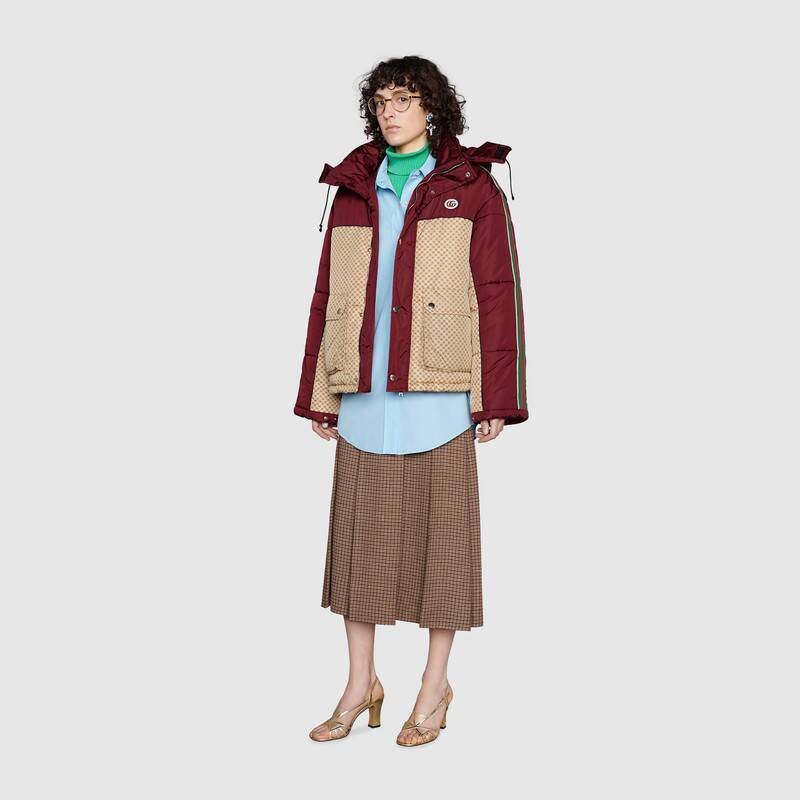 GUCCI Burgundy Monogram Color-Block Hooded Short Down Jacket — context