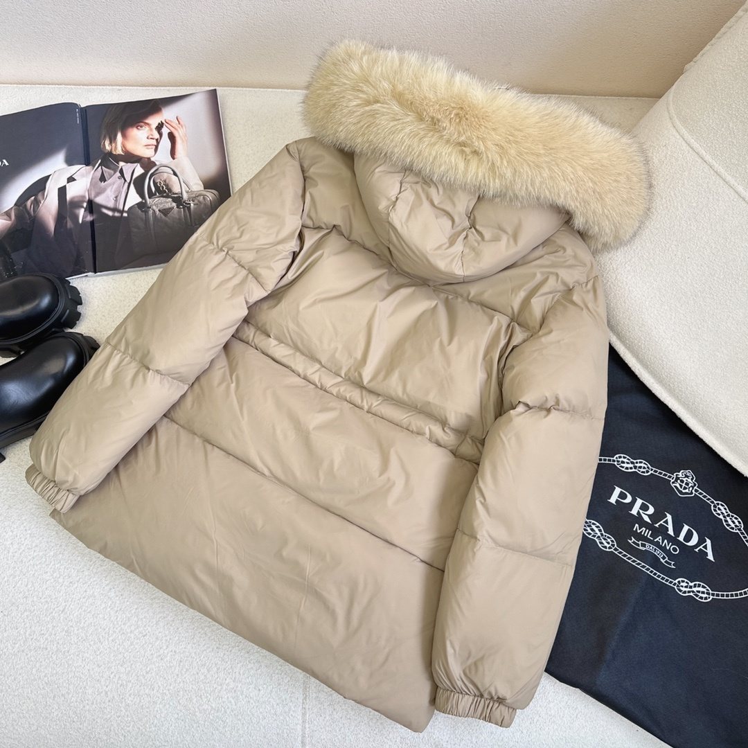 Prada Fur-Trim Hooded Puffer Jacket with Detachable Pouch — back