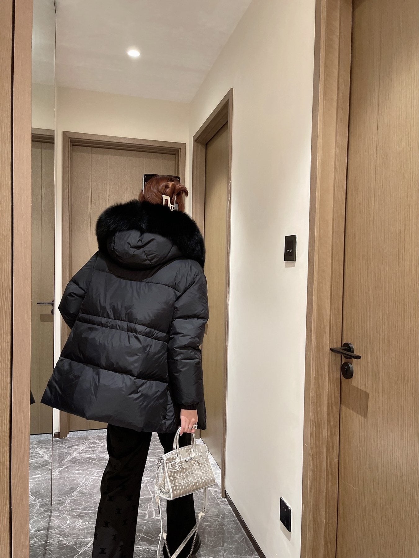 Prada Fur-Trim Hooded Puffer Jacket with Detachable Pouch — context
