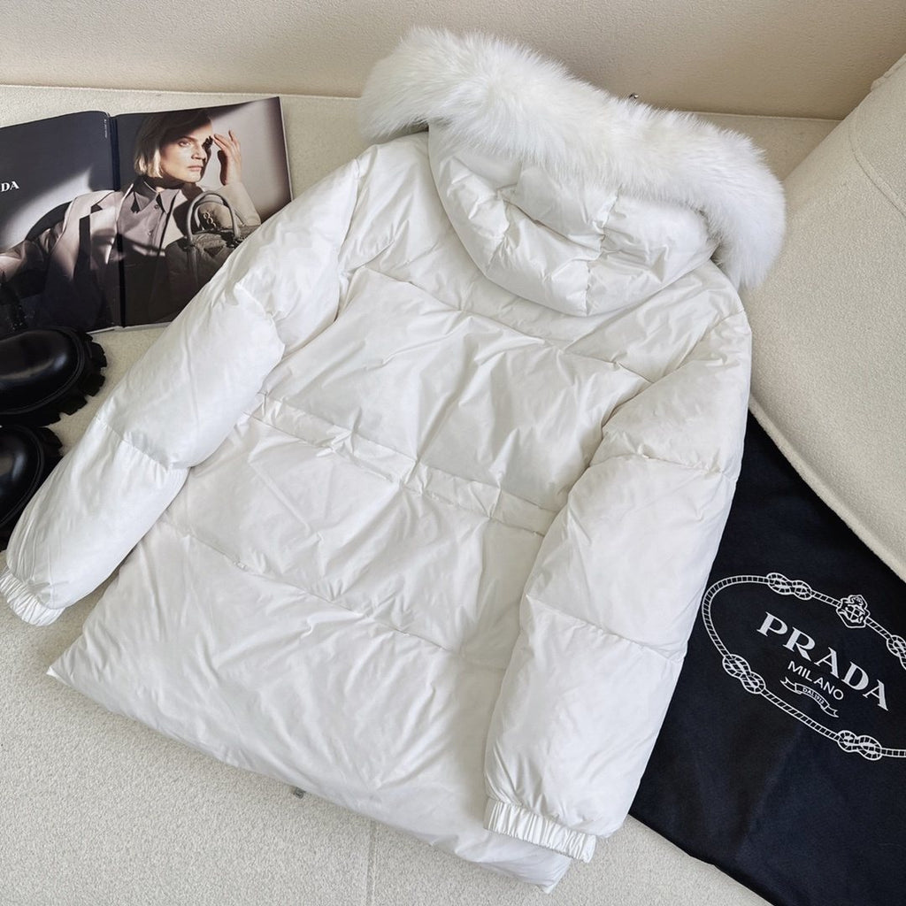 Prada Fur-Trim Hooded Puffer Jacket with Detachable Pouch — back