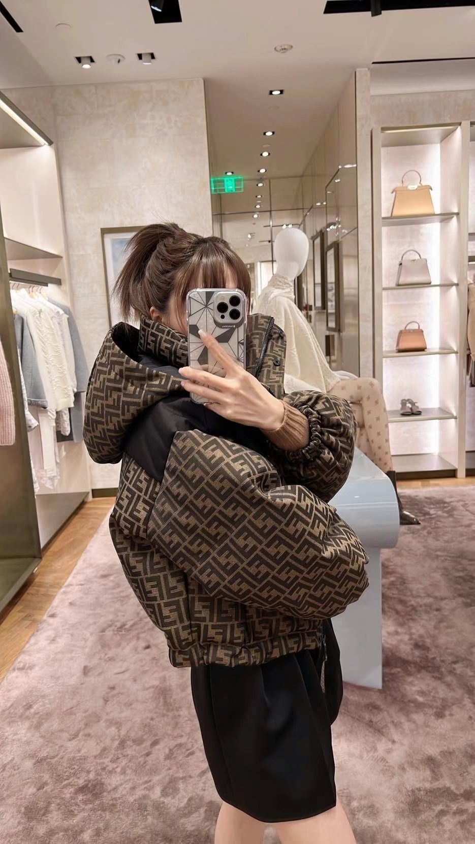 Fendi Brown Monogram Contrast Panel Puffer Jacket — side