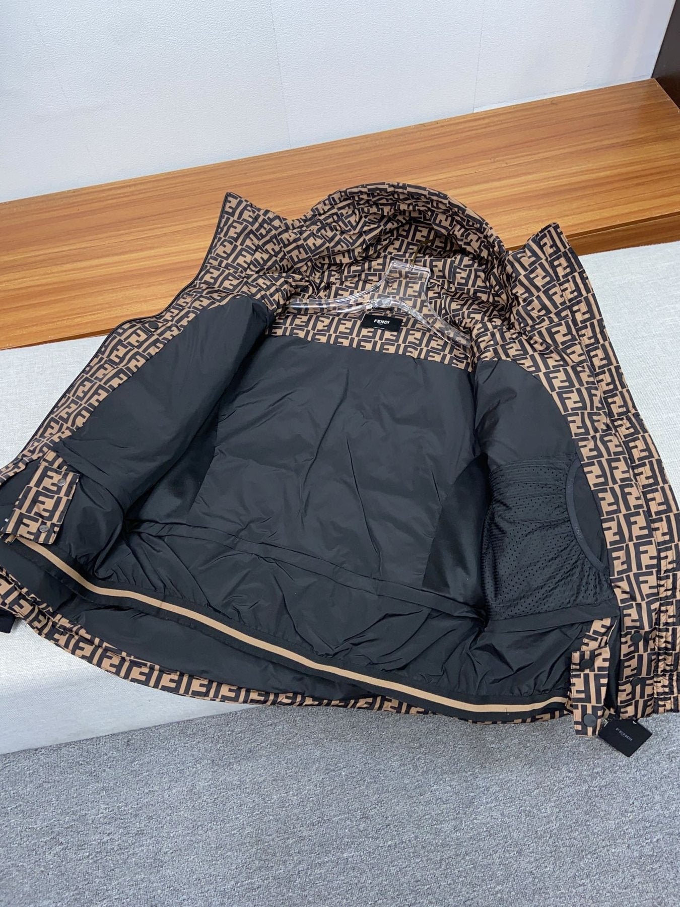 Fendi Brown Monogram Hooded Puffer Jacket — detail