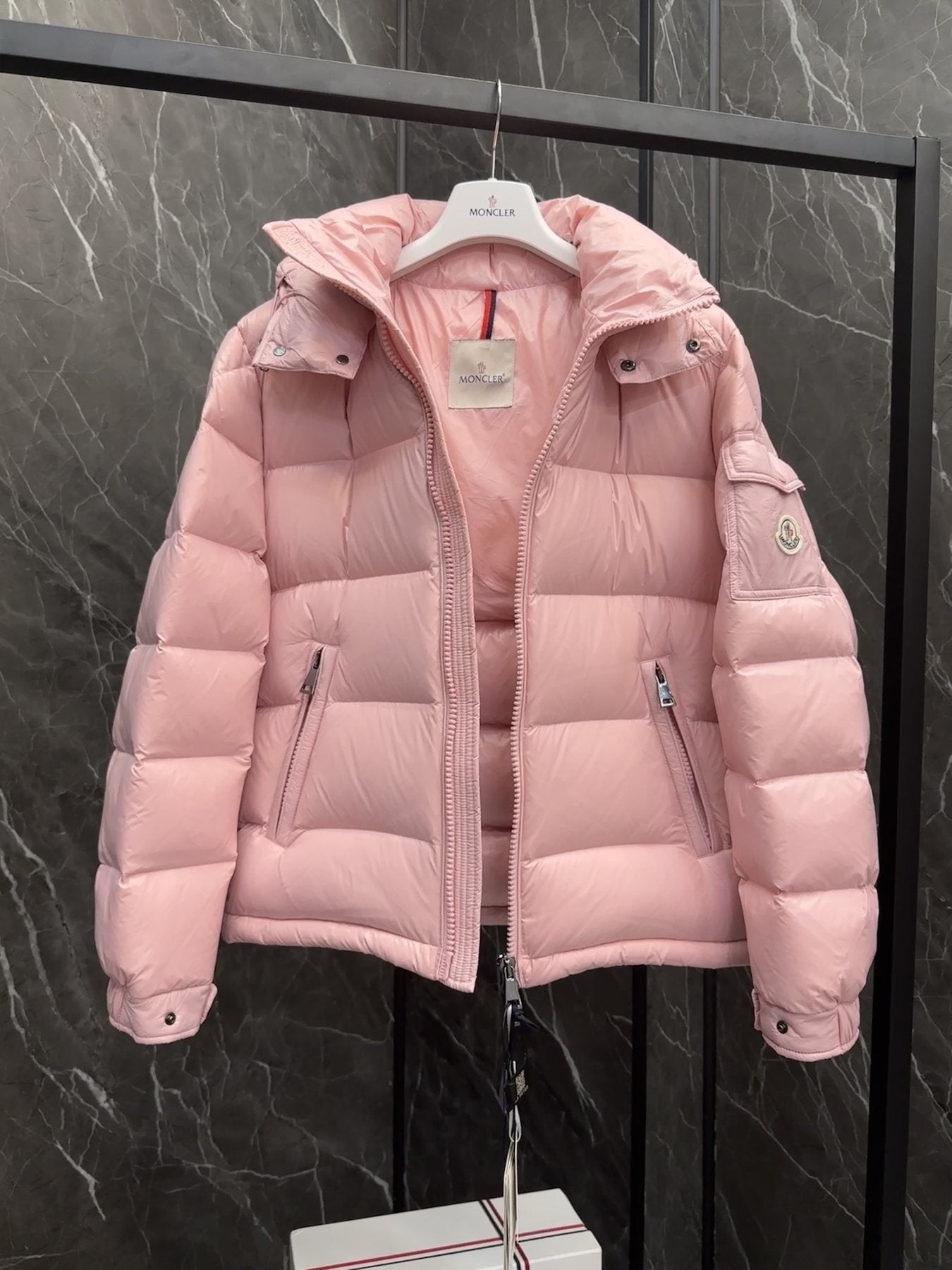 Moncler Maire Hooded Glossy Puffer Coat — neck_label