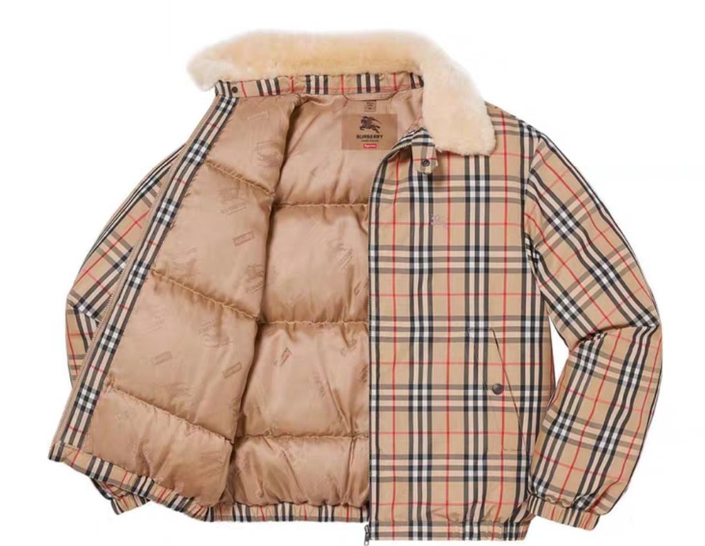Burberry Beige Check Shearling-Collar Puffer Jacket — detail