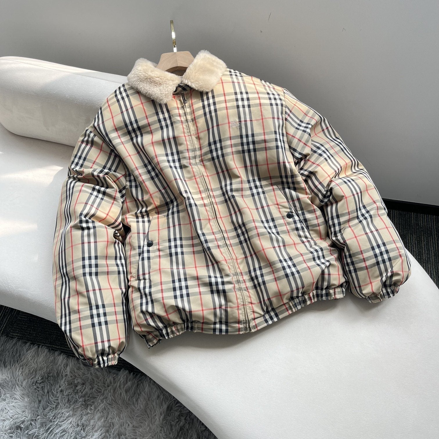 Burberry Beige Check Shearling-Collar Puffer Jacket — context