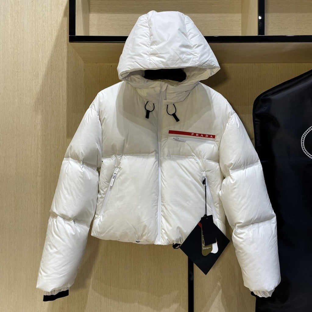 Prada Women's Cropped Hooded Puffer Jacket — hang_tag