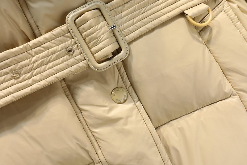 Burberry Removable-Hood Belted Long Down Jacket — detail