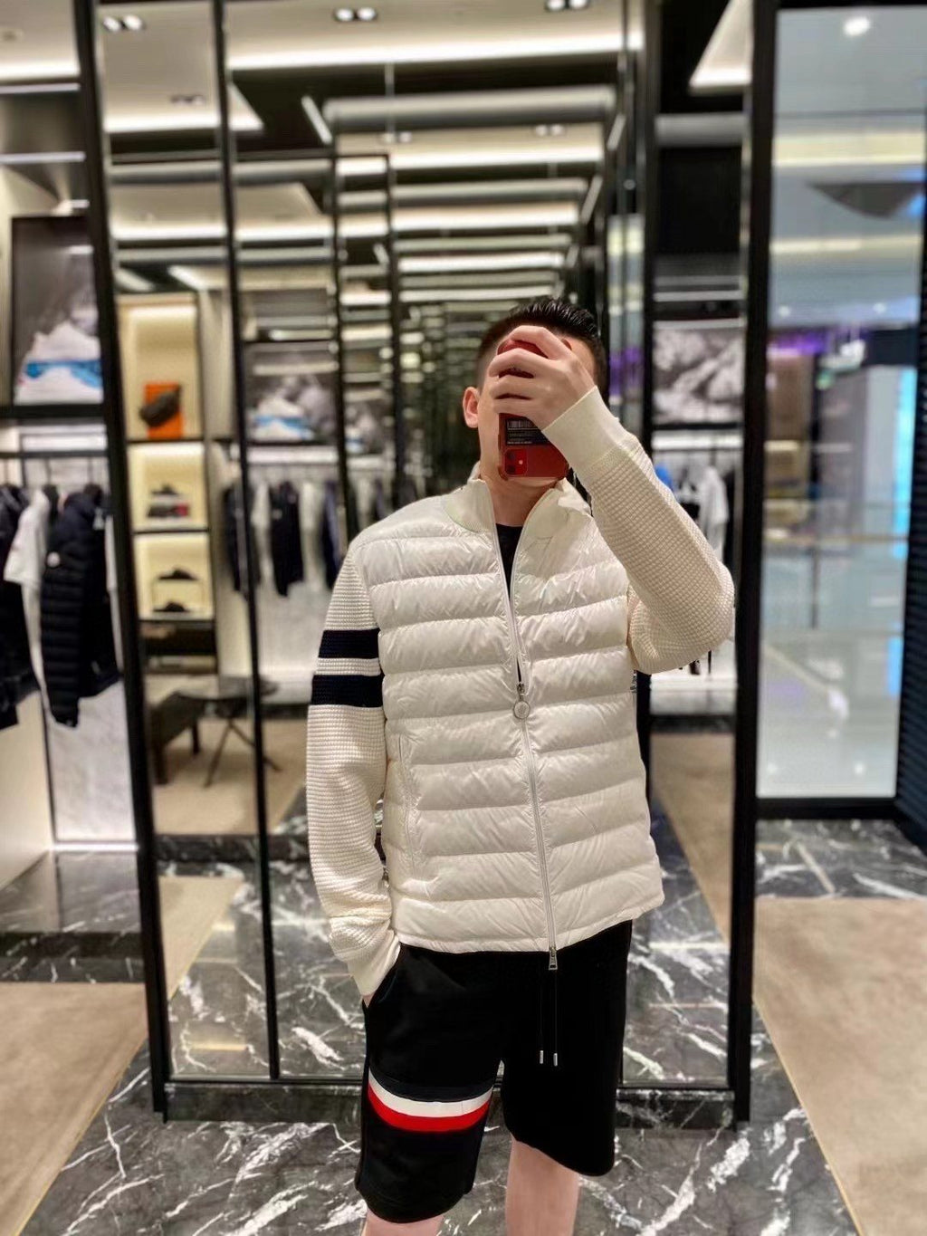 Moncler Knit-Sleeve Quilted Down Jacket — context
