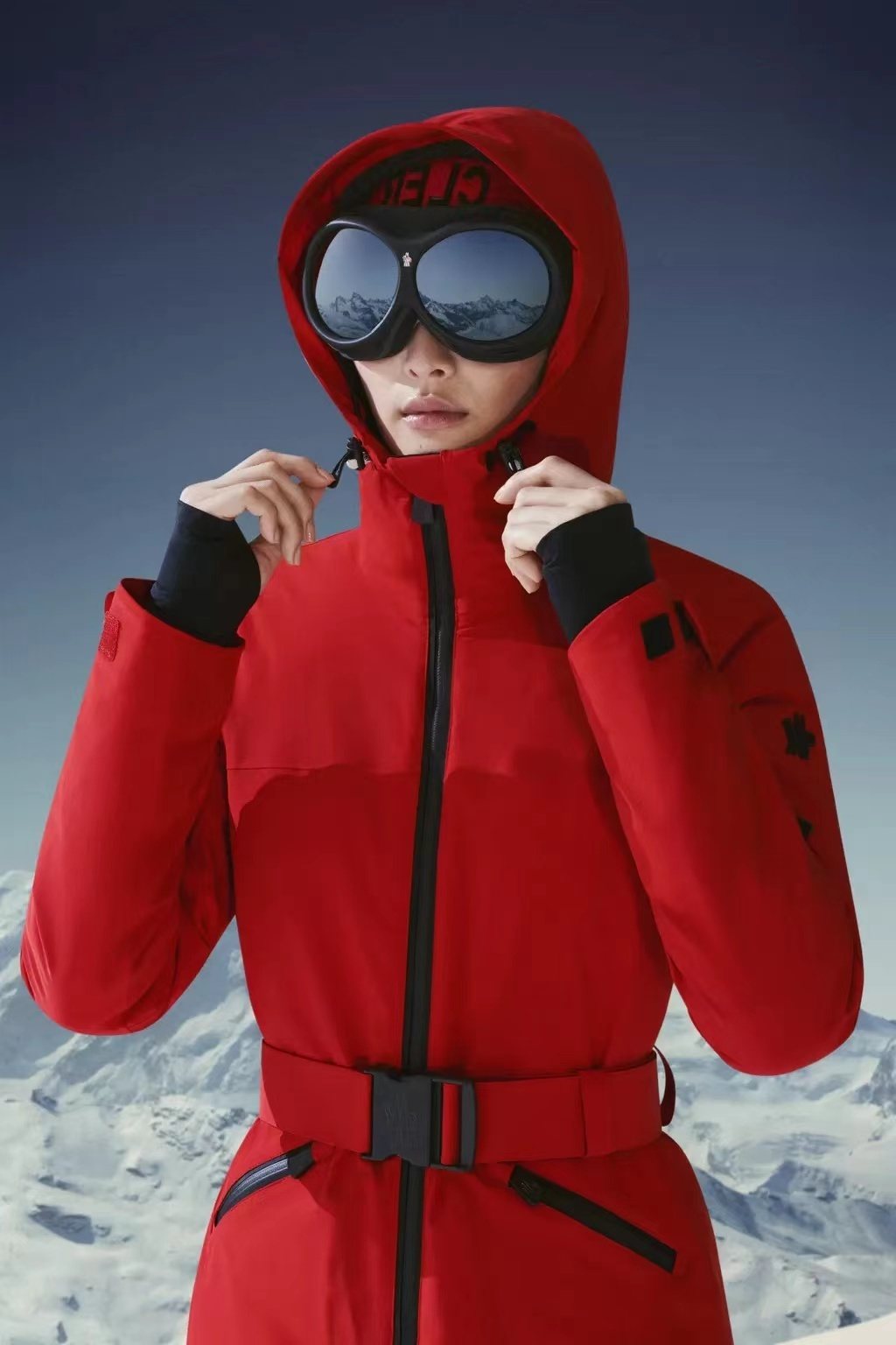 Moncler Women's Belted Hooded Ski Coat — detail
