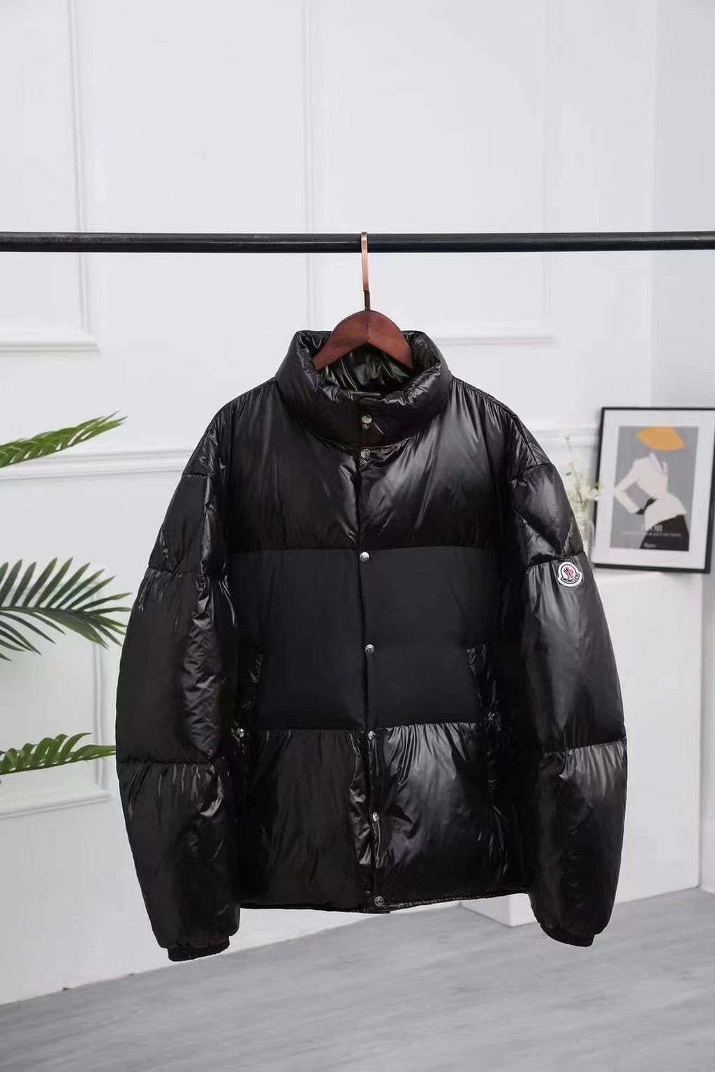 Moncler Black Glossy Quilted Puffer Coat — front