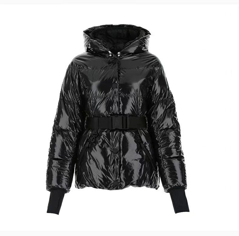 Moncler Women's Glossy Belted Hooded Puffer Coat — hero