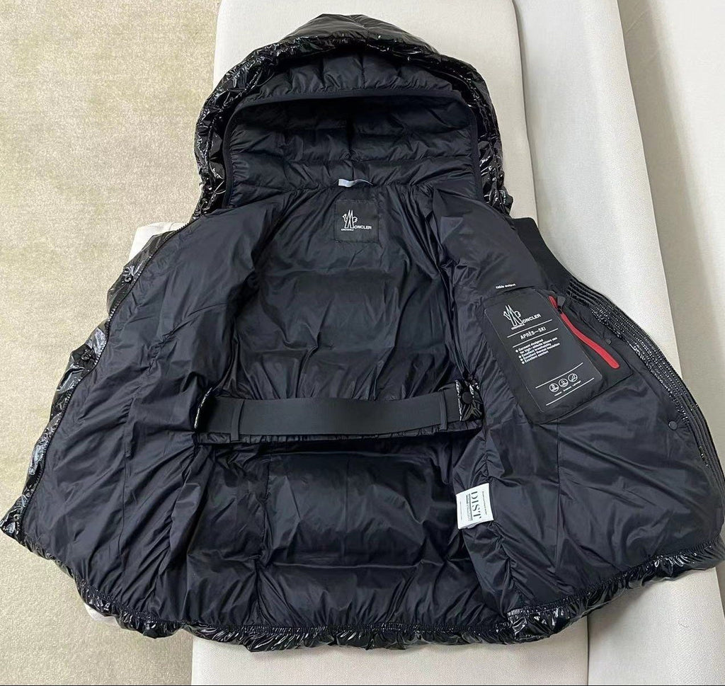 Moncler Women's Glossy Belted Hooded Puffer Coat — detail