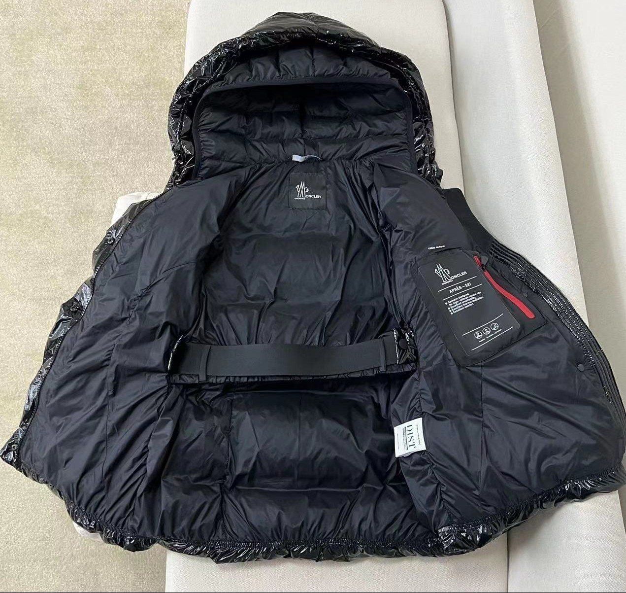 Moncler Women's Glossy Belted Hooded Puffer Coat — detail