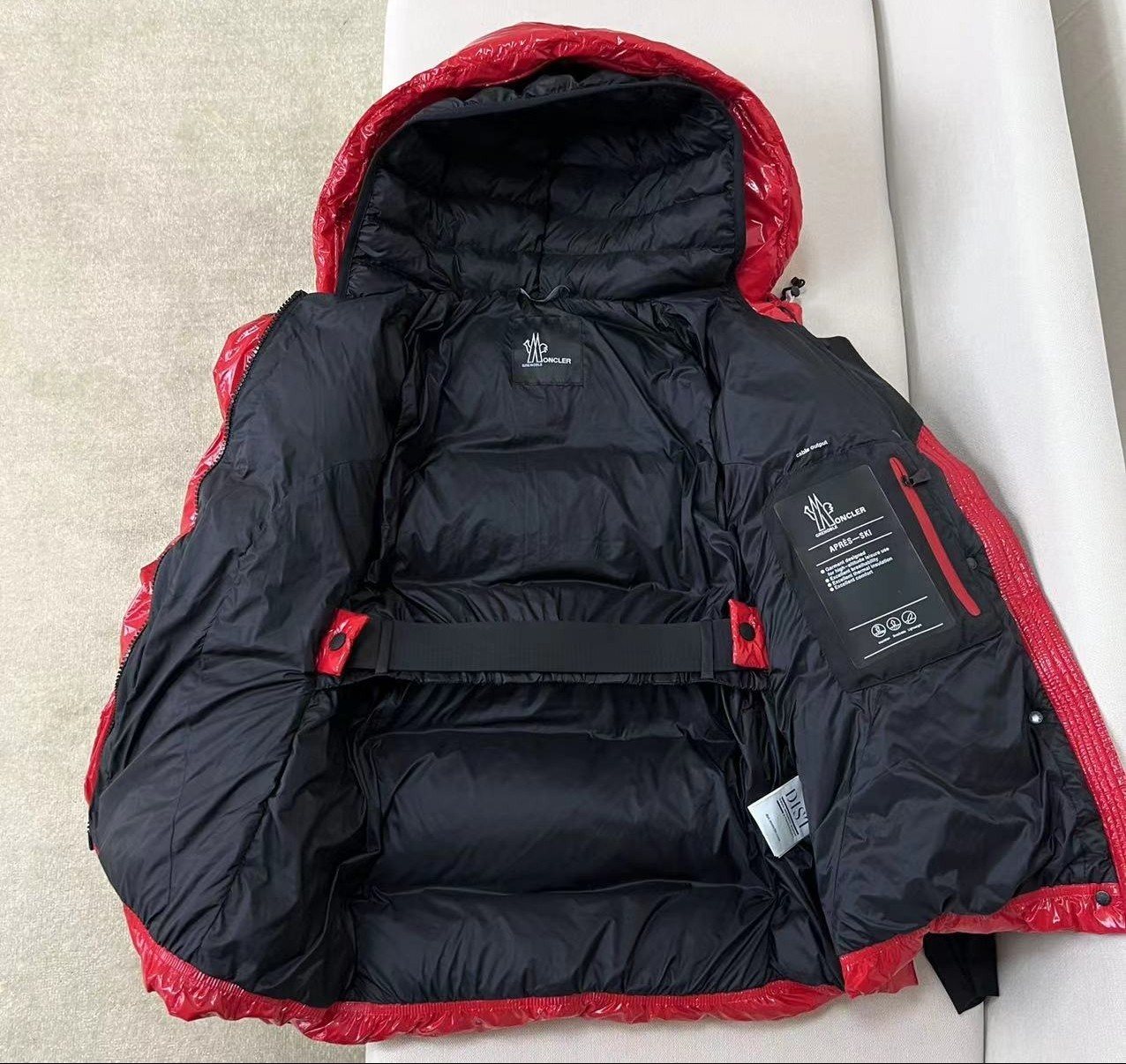 Moncler Women's Glossy Belted Hooded Puffer Coat — detail