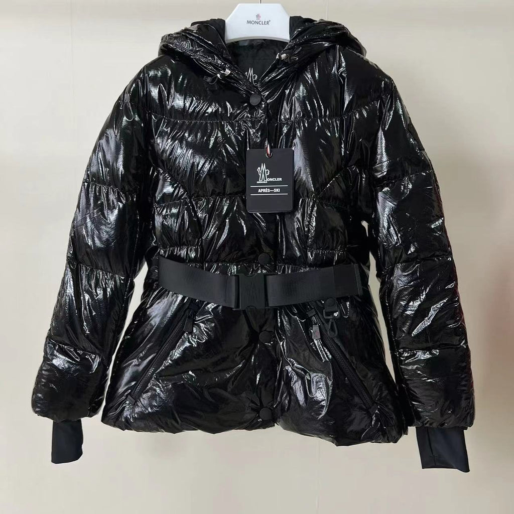 Moncler Women's Glossy Belted Hooded Puffer Coat — front