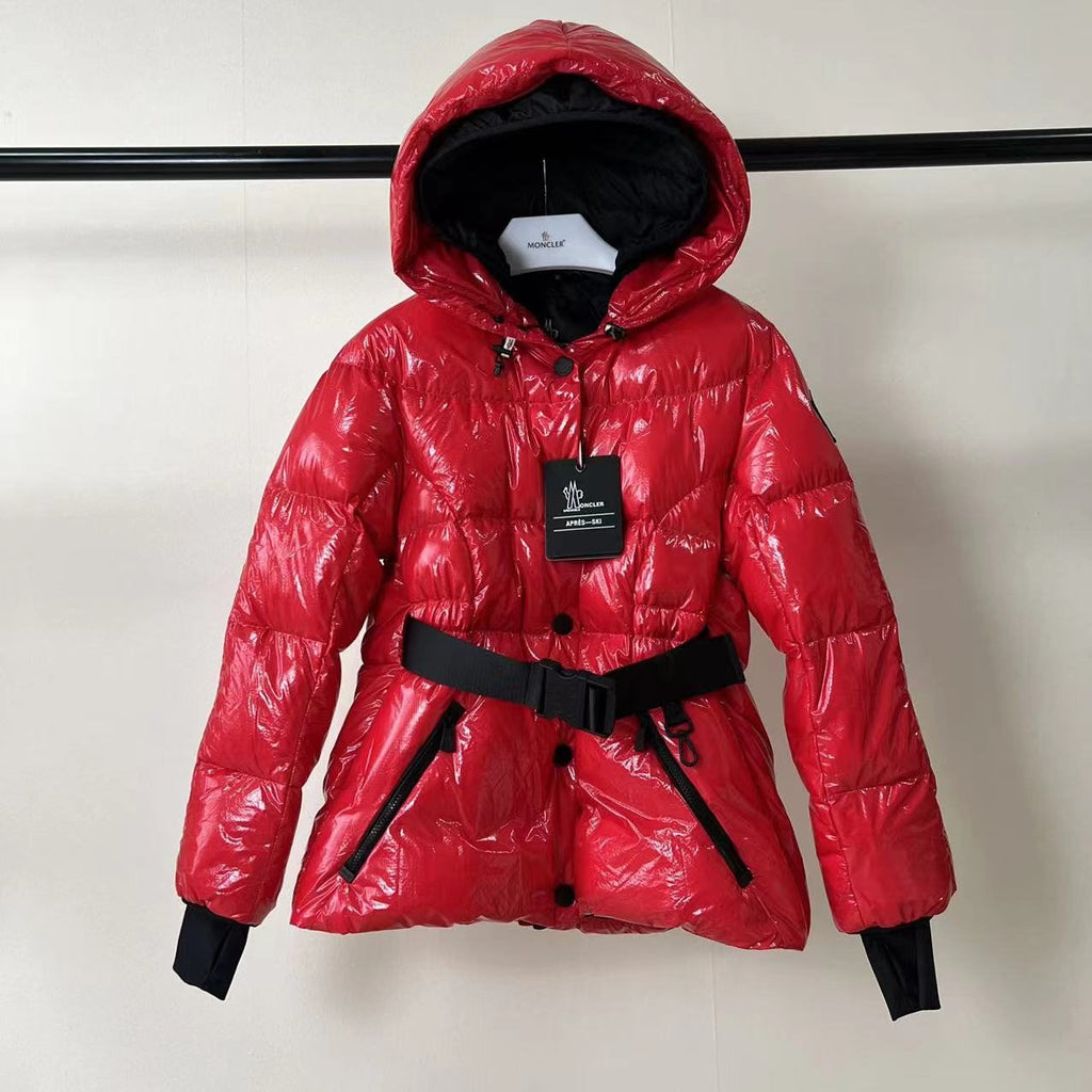 Moncler Women's Glossy Belted Hooded Puffer Coat — front