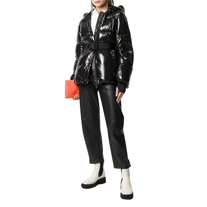 Moncler Women's Glossy Belted Hooded Puffer Coat — context