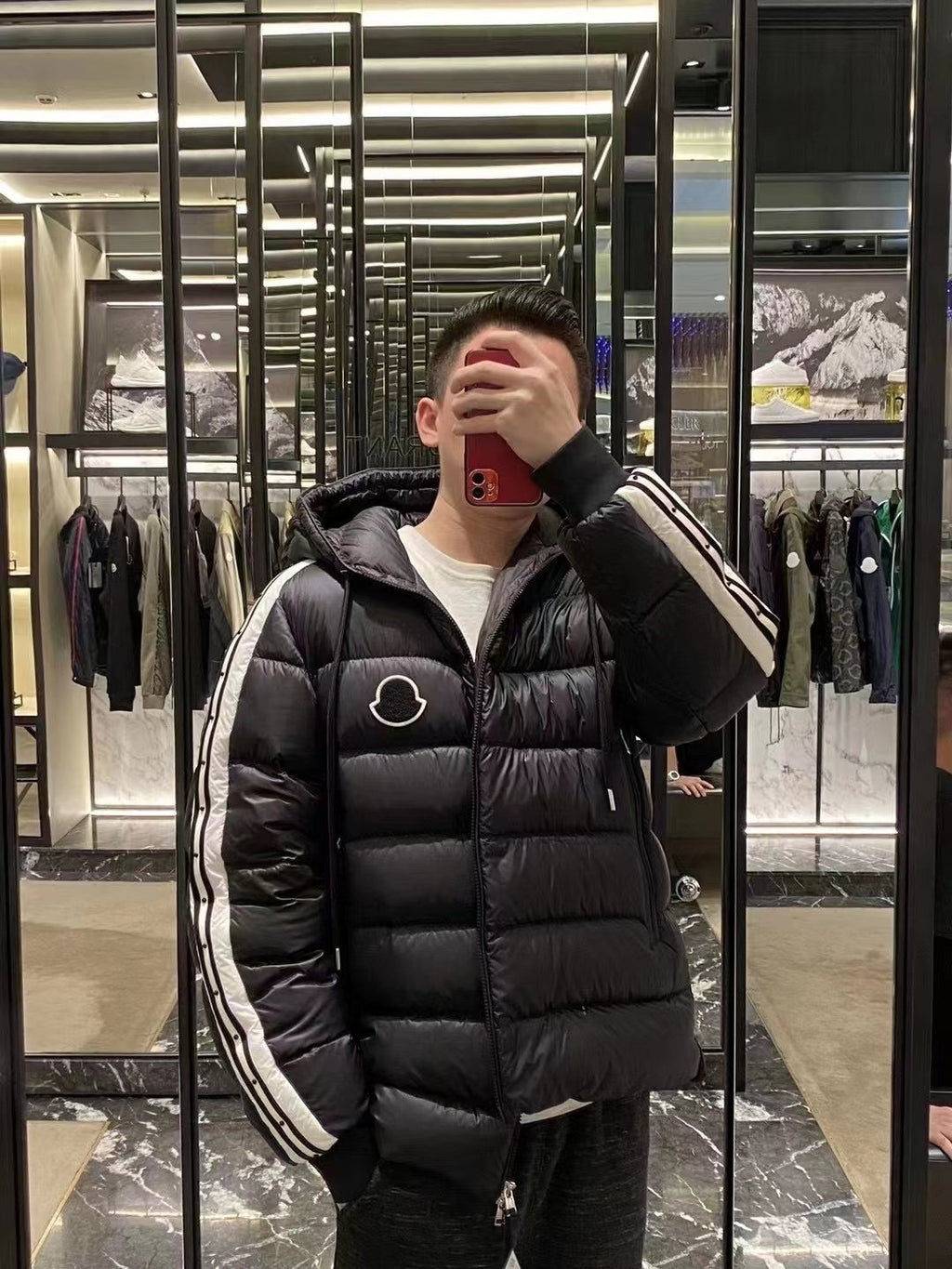 Moncler Hooded Striped-Sleeve Puffer Coat — context