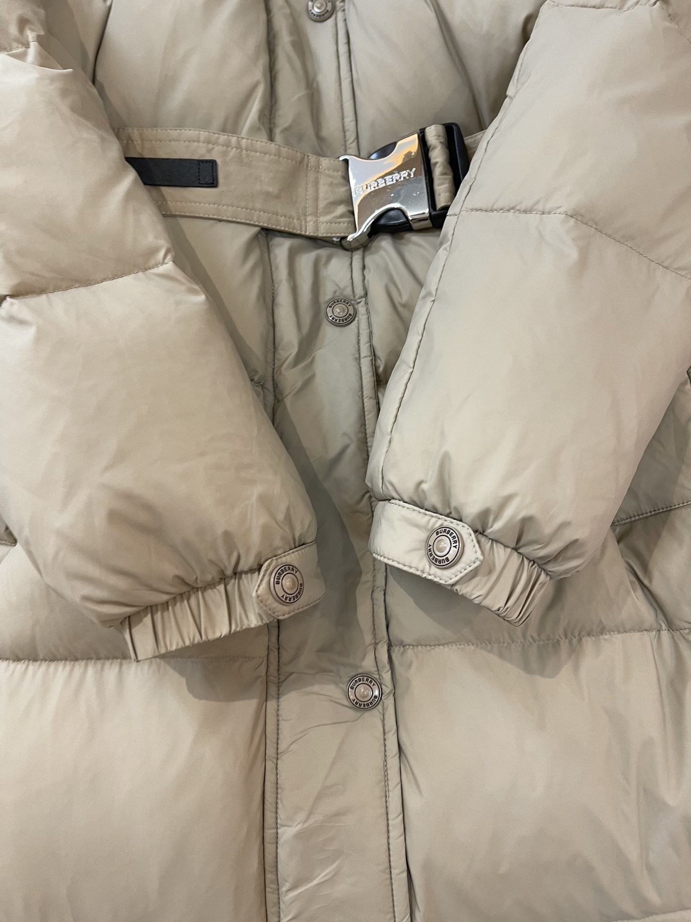 Burberry Long Belted Down Jacket — detail