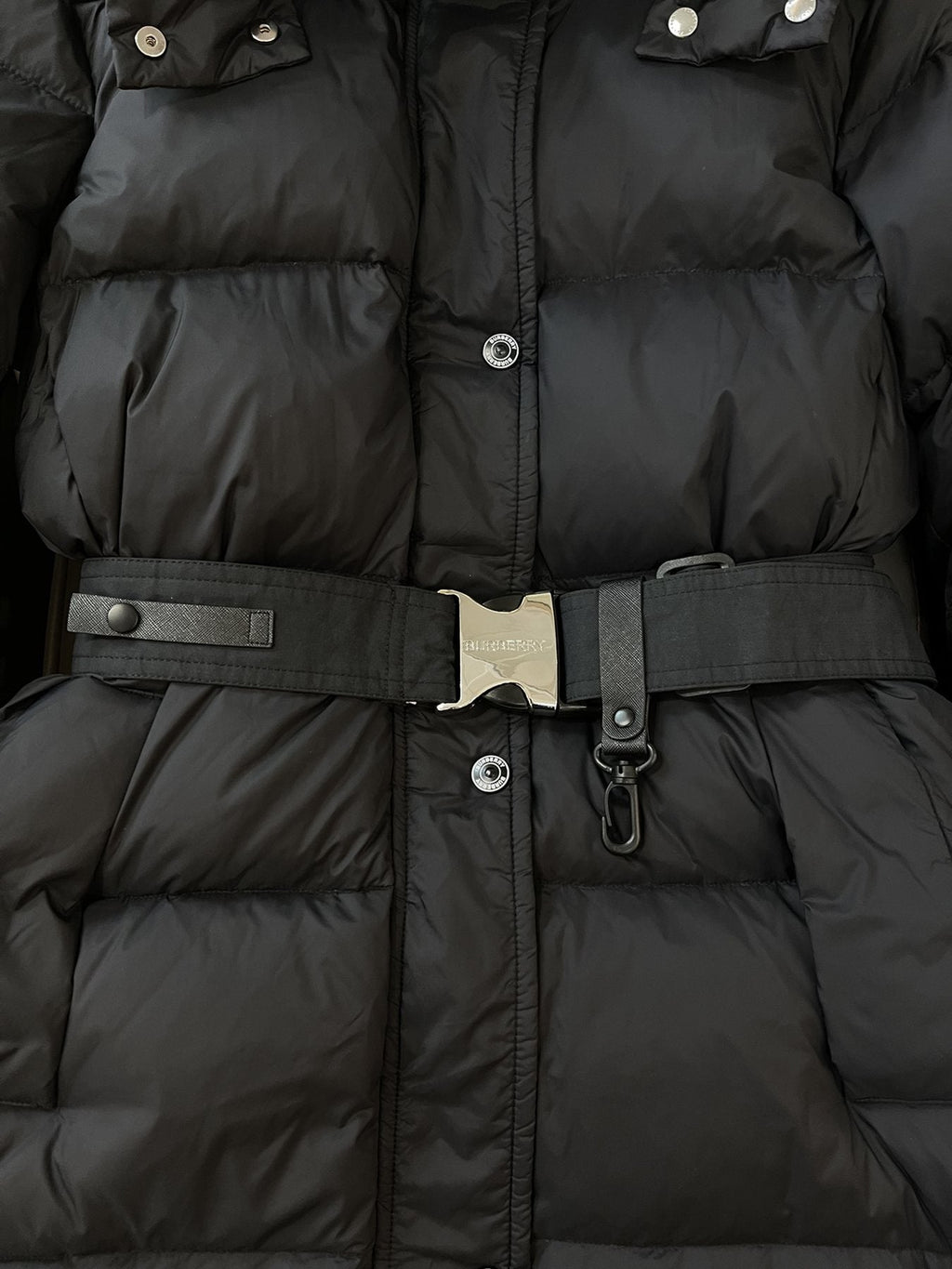Burberry Long Belted Down Jacket — detail