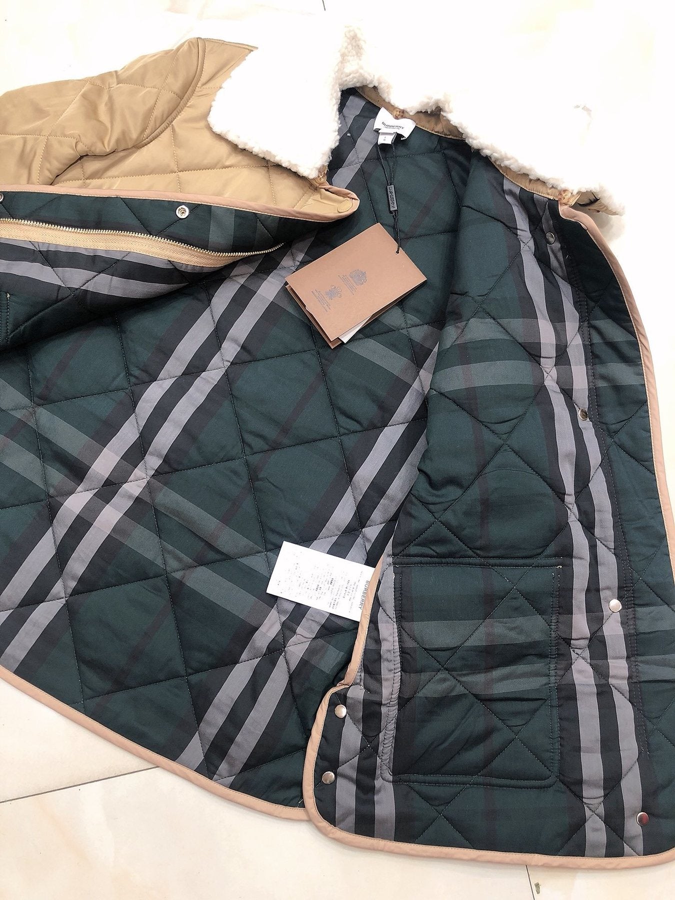 Burberry Diamond-Quilted Contrast-Collar Jacket — hang_tag