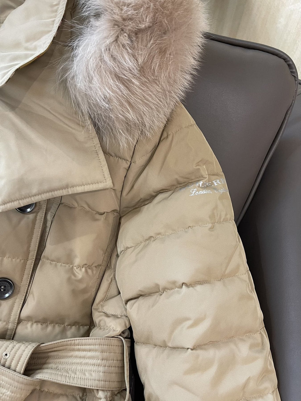 Burberry Belted Hooded Long Down Jacket — detail