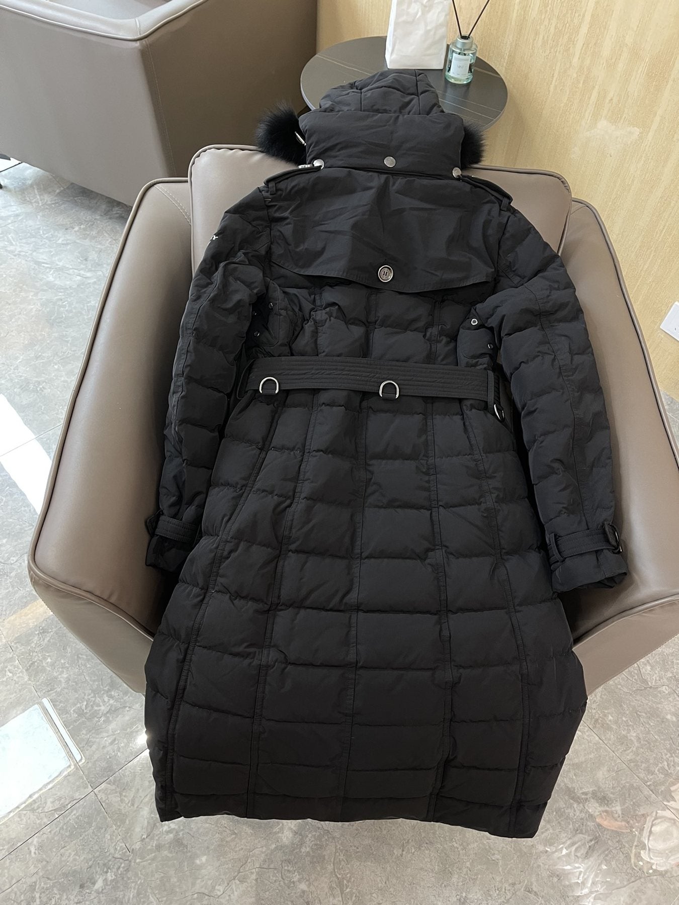 Burberry Belted Hooded Long Down Jacket — back