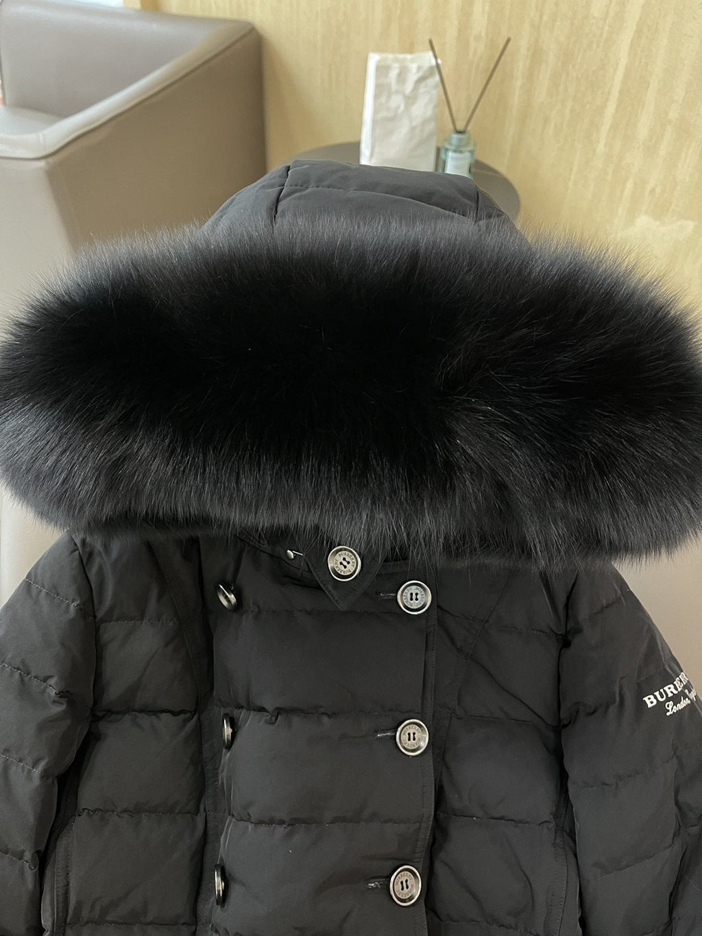 Burberry Belted Hooded Long Down Jacket — detail