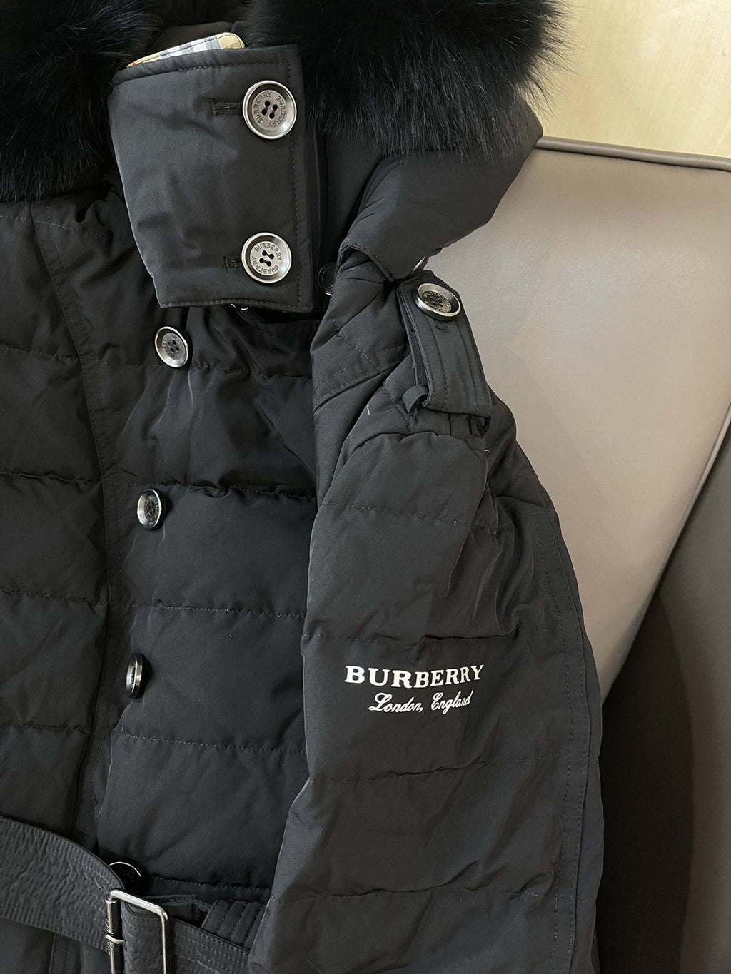 Burberry Belted Hooded Long Down Jacket — detail