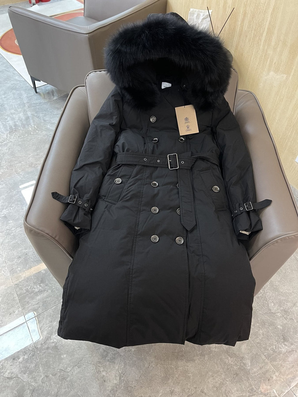 Burberry Fox Fur-Trim Belted Long Down Jacket — hang_tag
