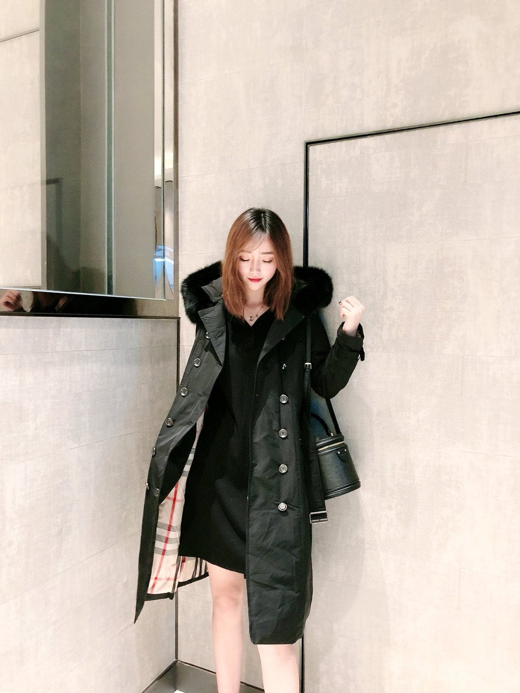 Burberry Fur-Trim Hooded Long Down Jacket — context