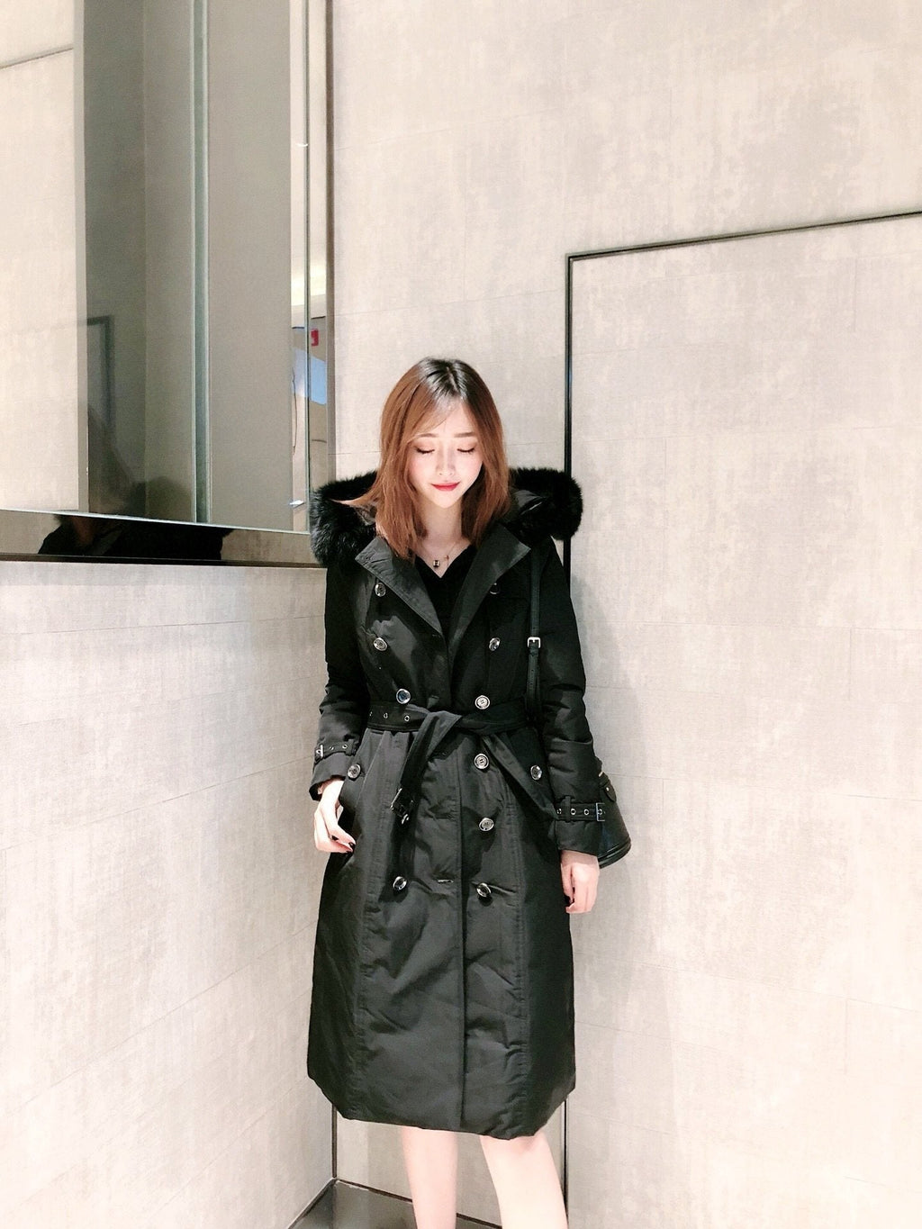 Burberry Fox Fur-Trim Belted Long Down Jacket — hero