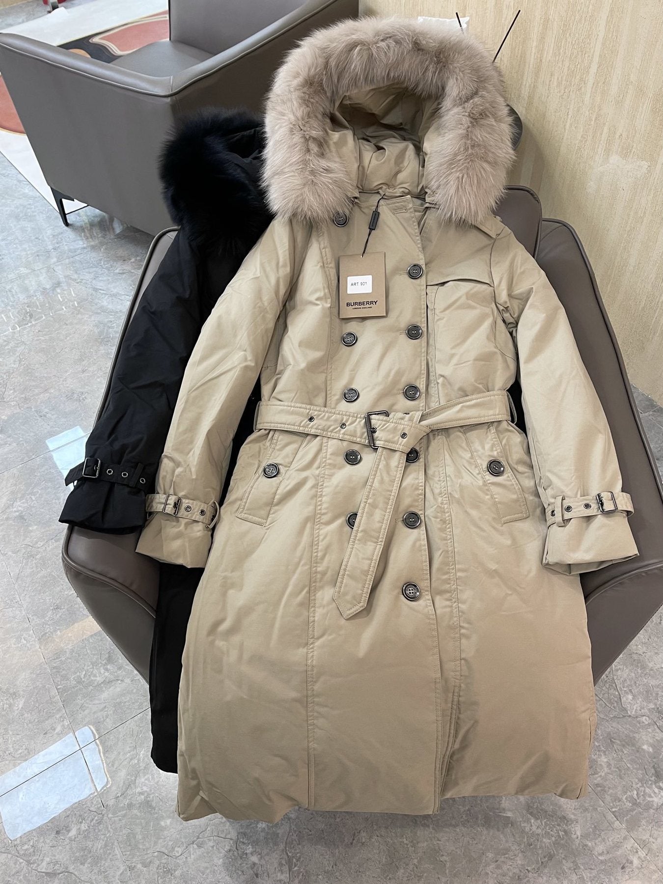 Burberry Fur-Trim Hooded Long Down Jacket — front