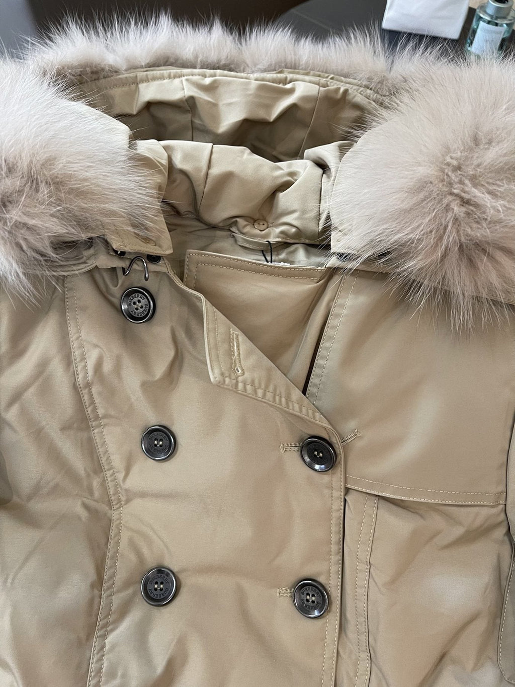 Burberry Fur-Trim Hooded Long Down Jacket — detail