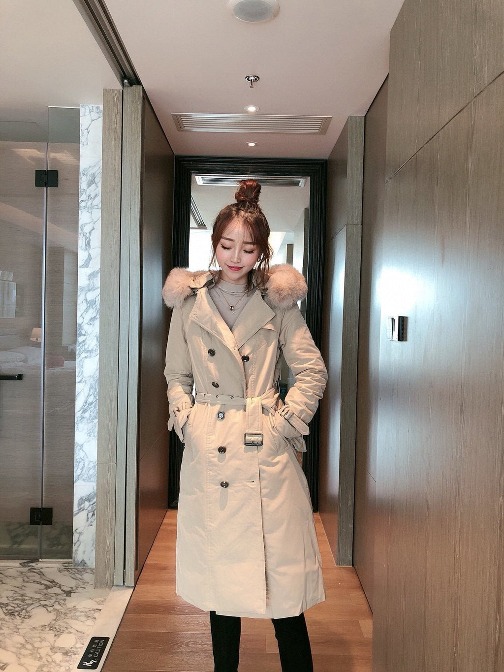 Burberry Fox Fur-Trim Belted Long Down Jacket — context