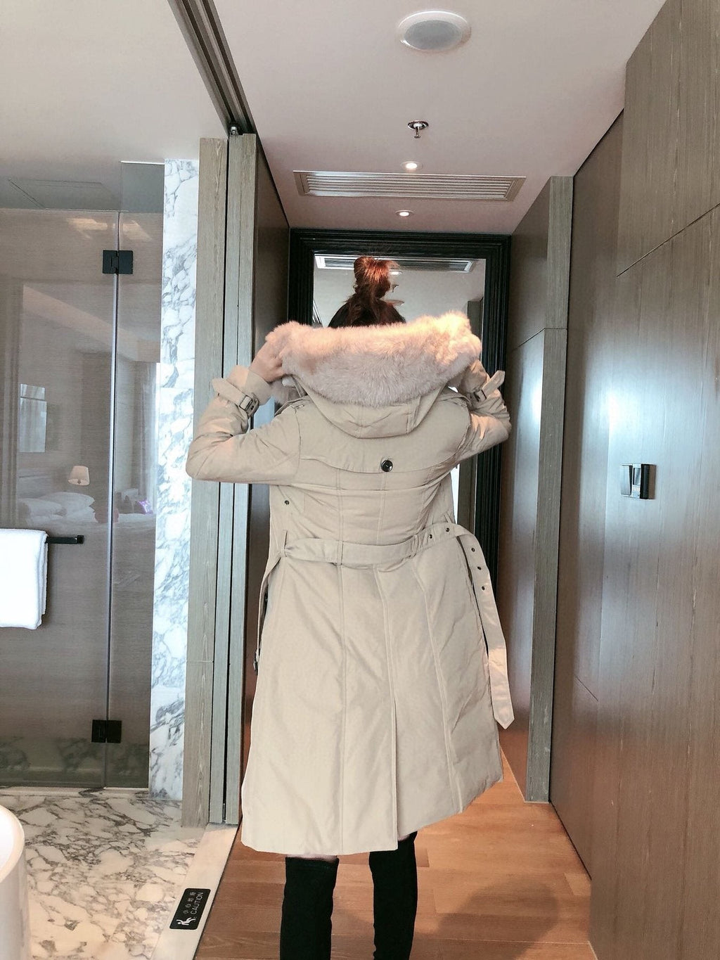Burberry Fox Fur-Trim Belted Long Down Jacket — context