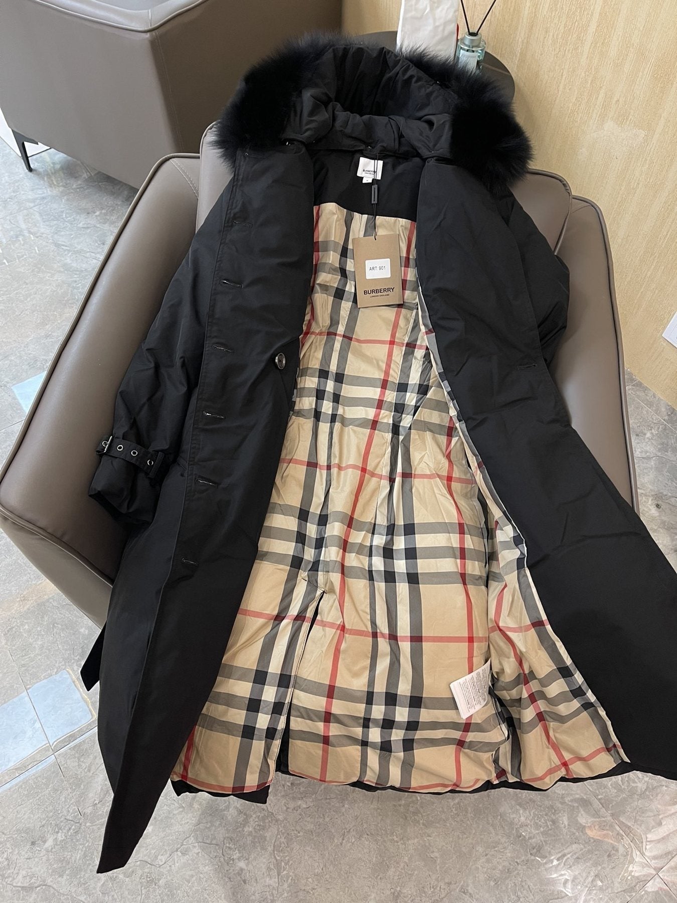 Burberry Fox Fur-Trim Belted Long Down Jacket — hang_tag