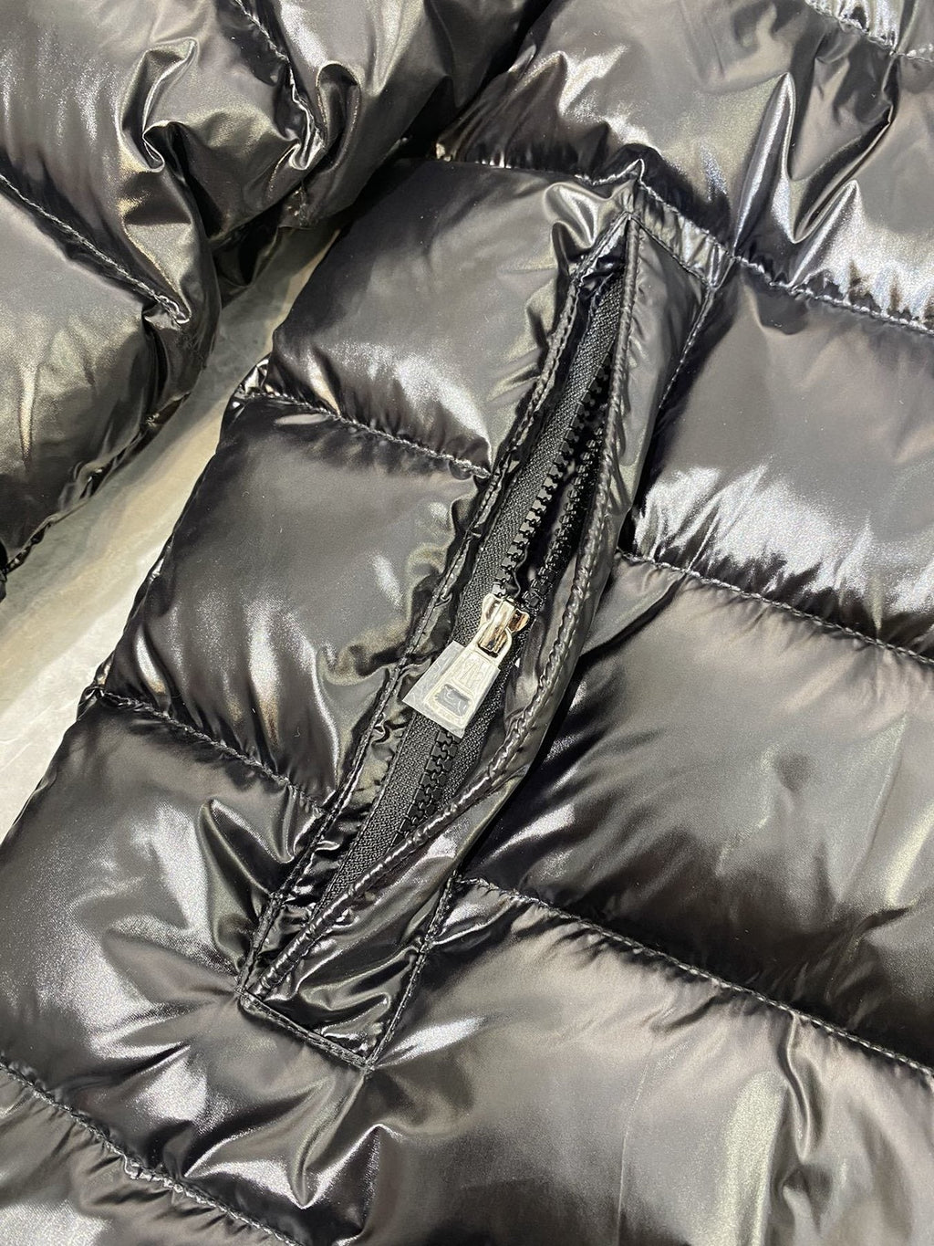 Moncler Glossy Hooded Puffer Coat — detail