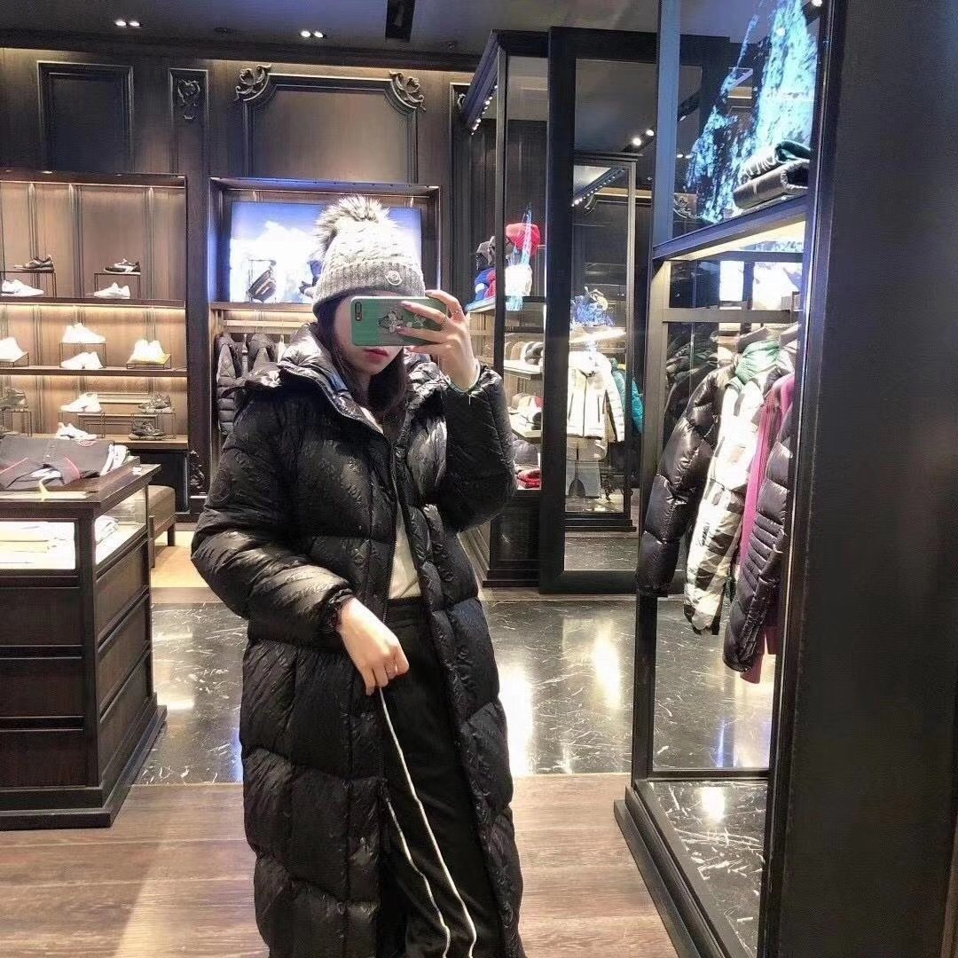 Moncler Women's All-Over Print Long Down Coat — model