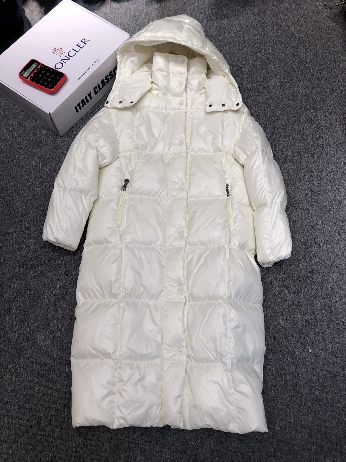 Moncler Women's All-Over Print Long Down Coat — hero