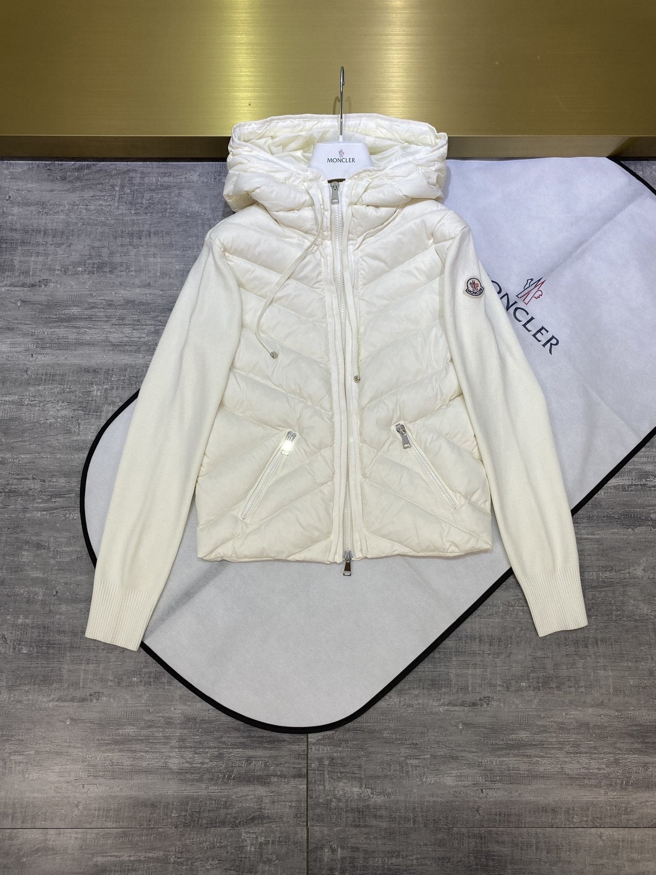 Moncler Hooded Knit Sleeve Down Jacket — front