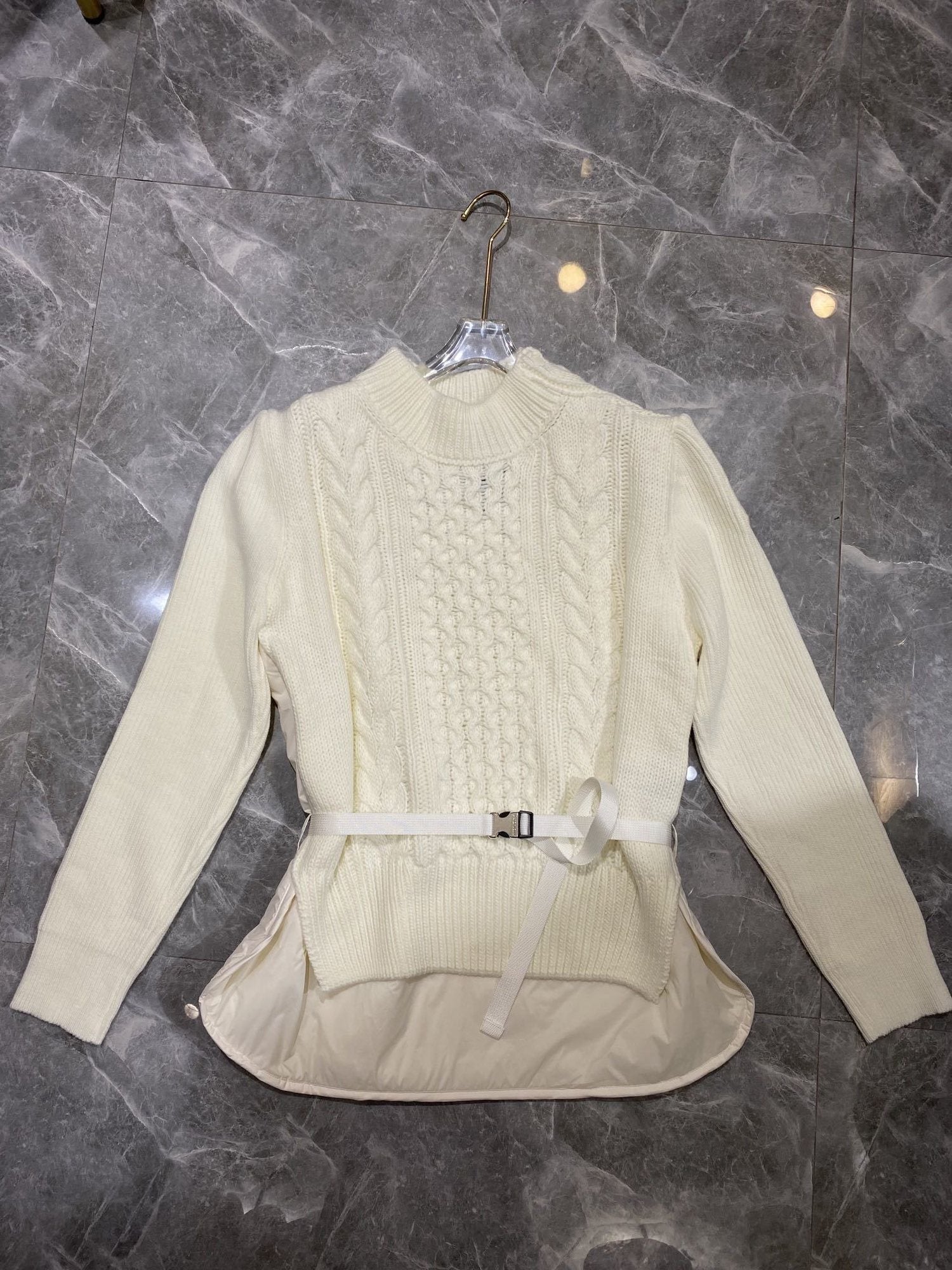 Moncler Belted Padded Panel Cable-Knit Sweater — hero