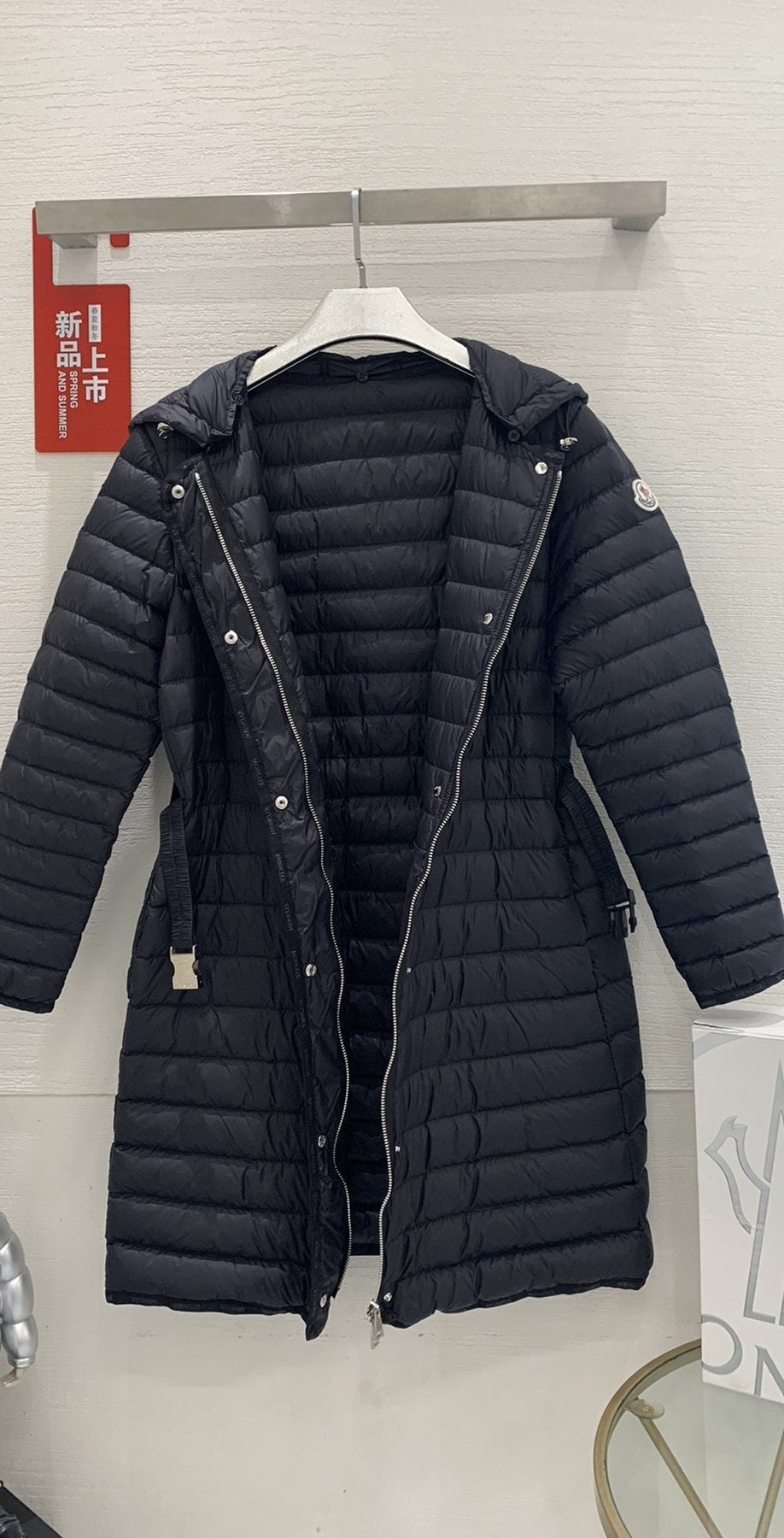 Moncler Women’s Belted Hooded Long Down Coat — detail