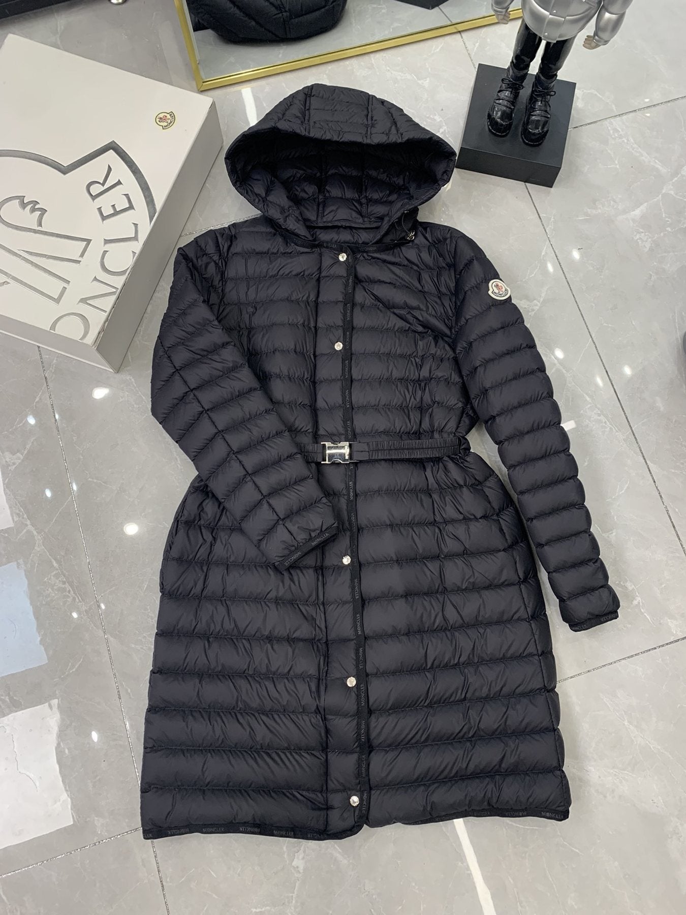 Moncler Women’s Belted Hooded Long Down Coat — front